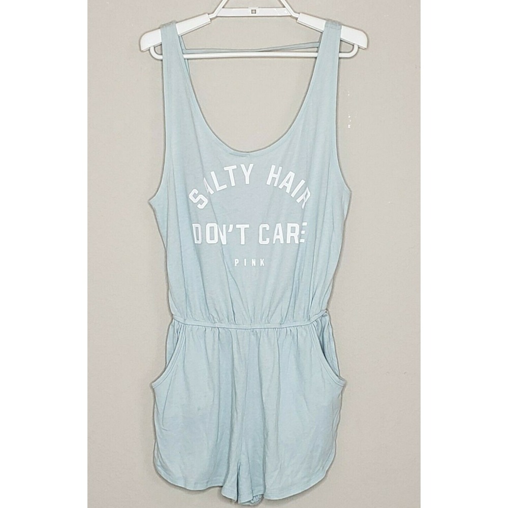 PINK Women's Romper Medium Light Blue Tank/Shorts Salty Hair Don't Care Pockets